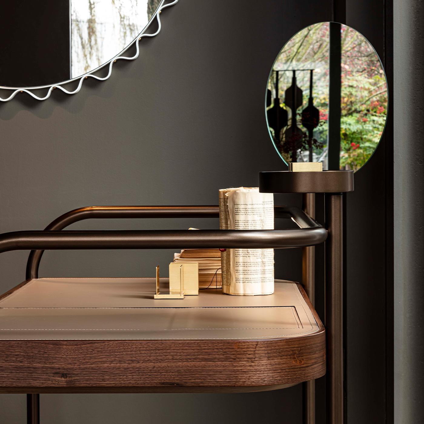 Glimt Round Wall Mirror with Graphite Metal Frame and Taupe Leather Detail