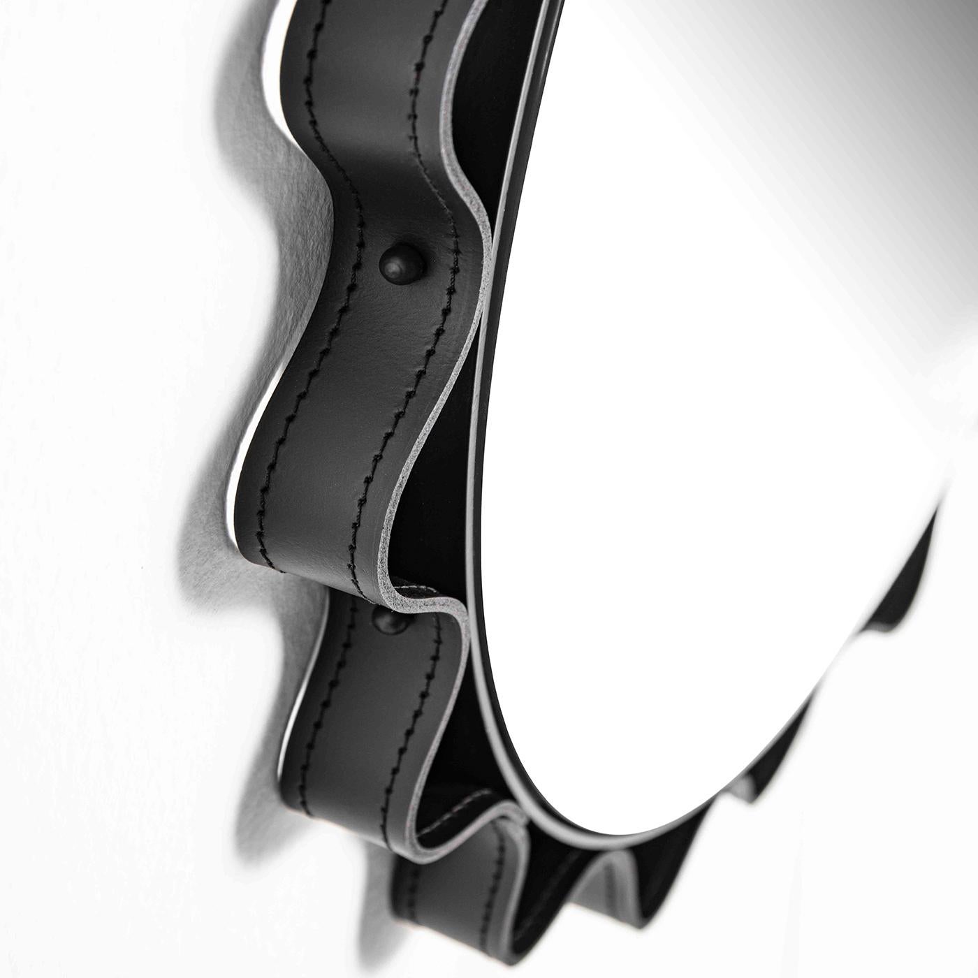 Glimt Round Wall Mirror with Graphite Metal Frame and Taupe Leather Detail