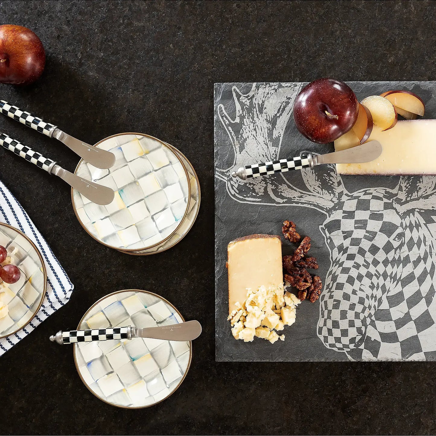 Sterling Check Enamel 4-Piece Appetizer Plate Set