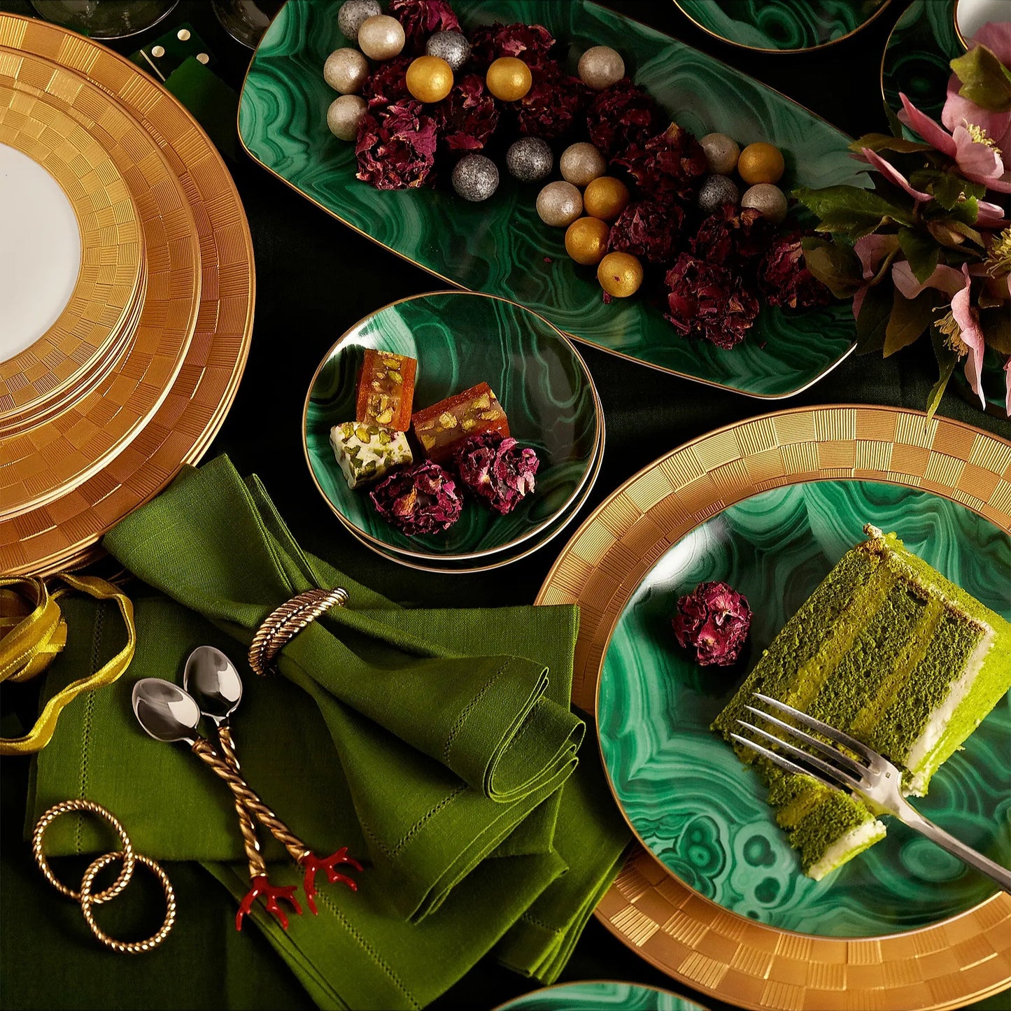 Malachite 4-Piece 24K Gold-Trimmed Dessert Plate Set