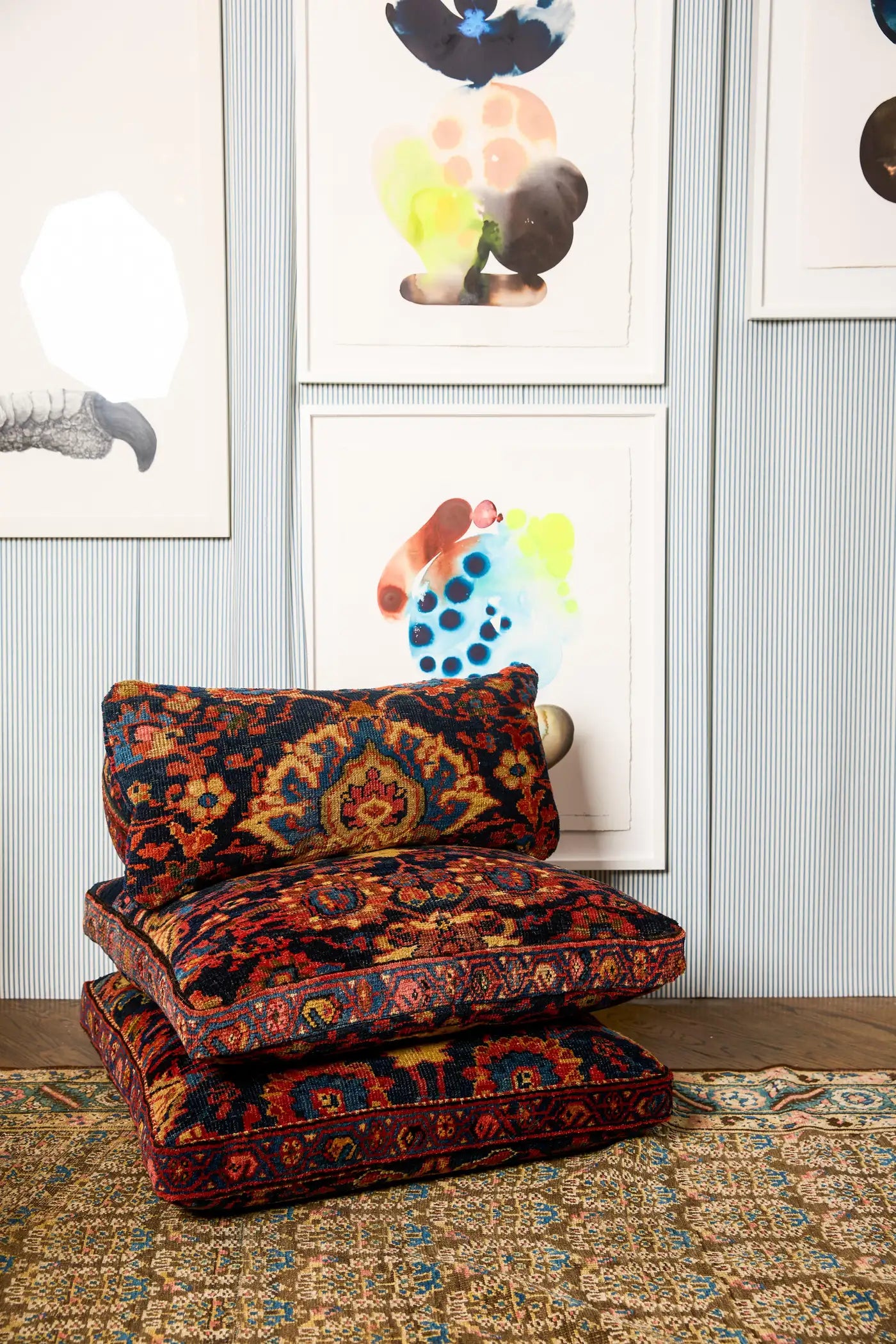 Custom Antique Rug Stackable Bohemian Seating Floor Cushions Set