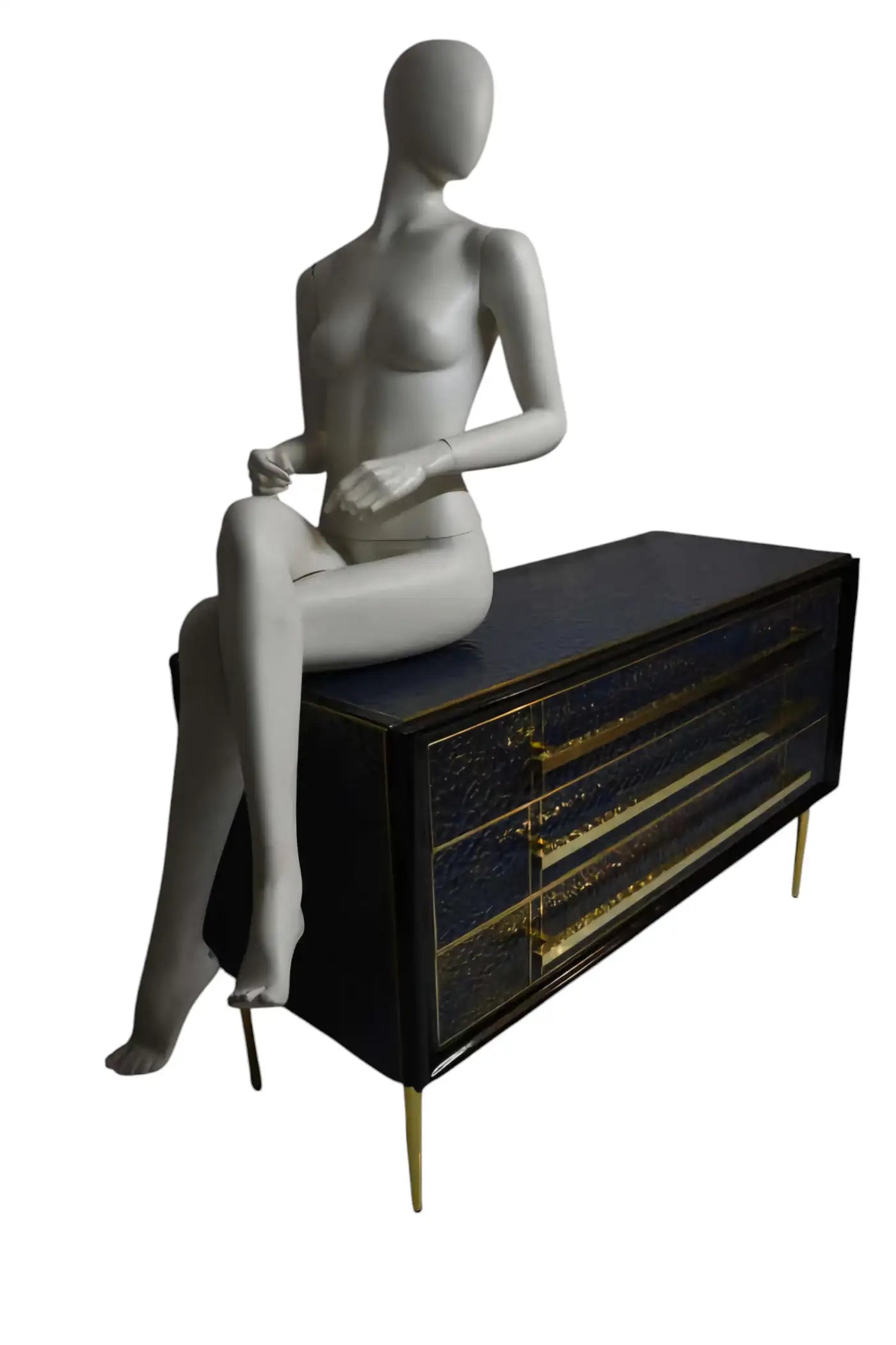 ANTIQUE SAPPHIRE BLUE MURANO GLASS CHEST OF DRAWERS WITH GOLD LEAF & BRASS