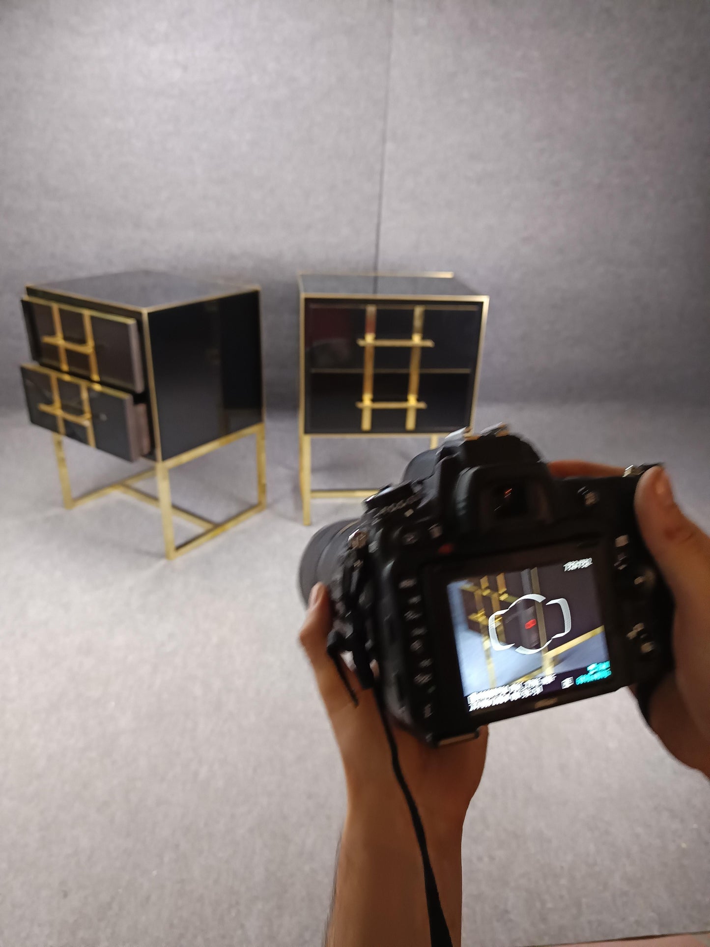 Black Glass Designer Side Tables – Set of 2 with Brass Details
