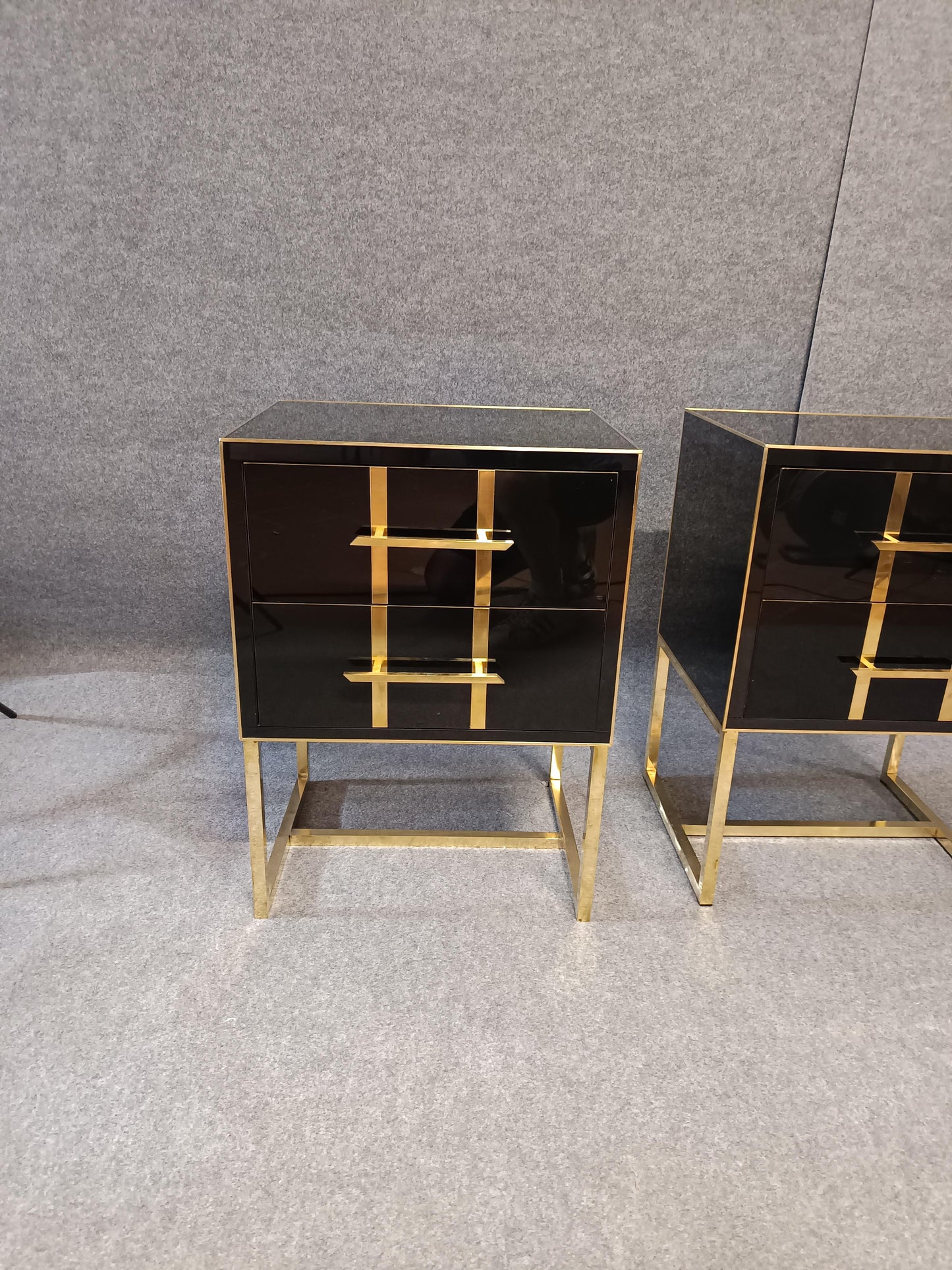 Black Glass Designer Side Tables – Set of 2 with Brass Details