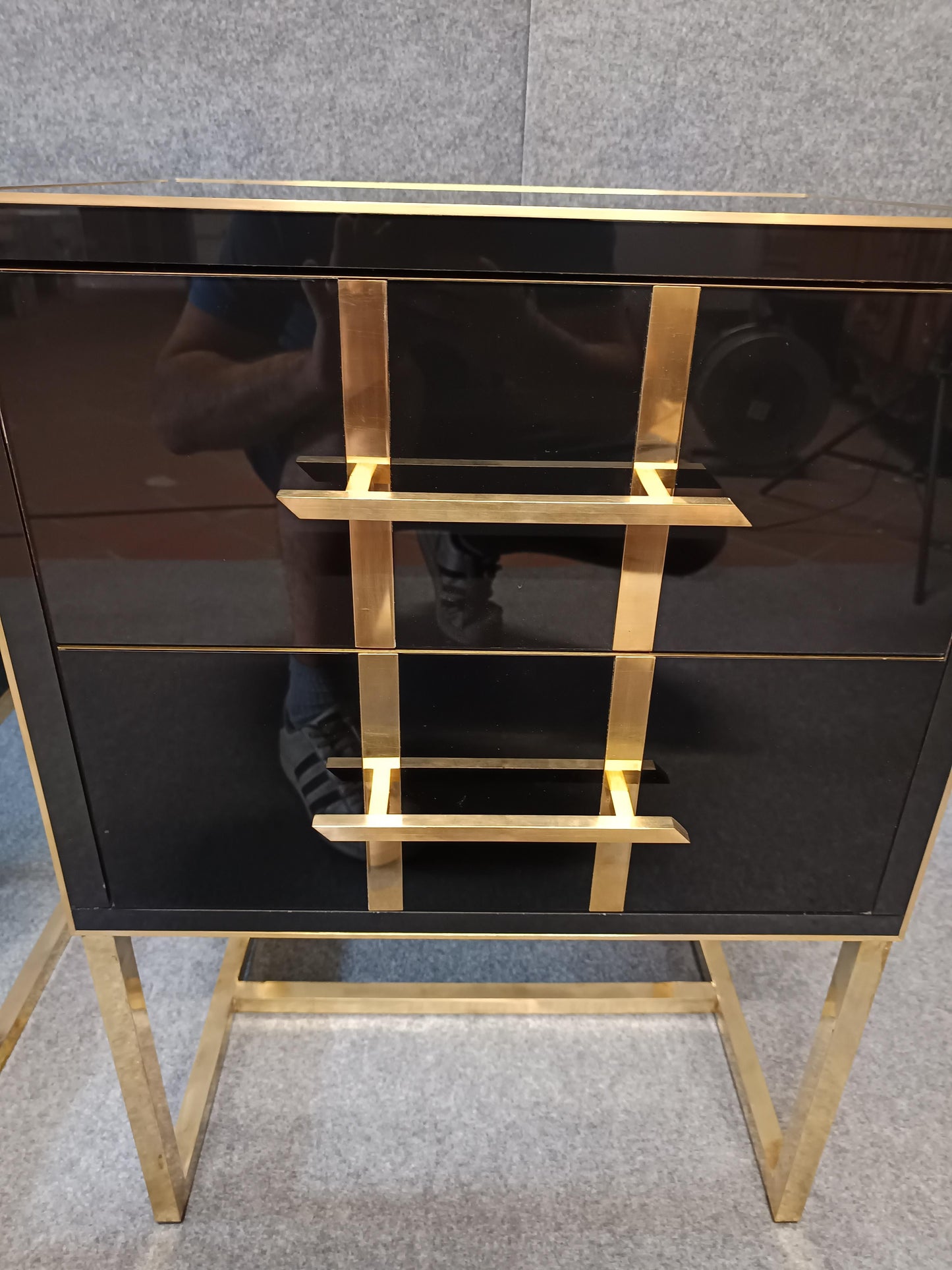 Black Glass Designer Side Tables – Set of 2 with Brass Details