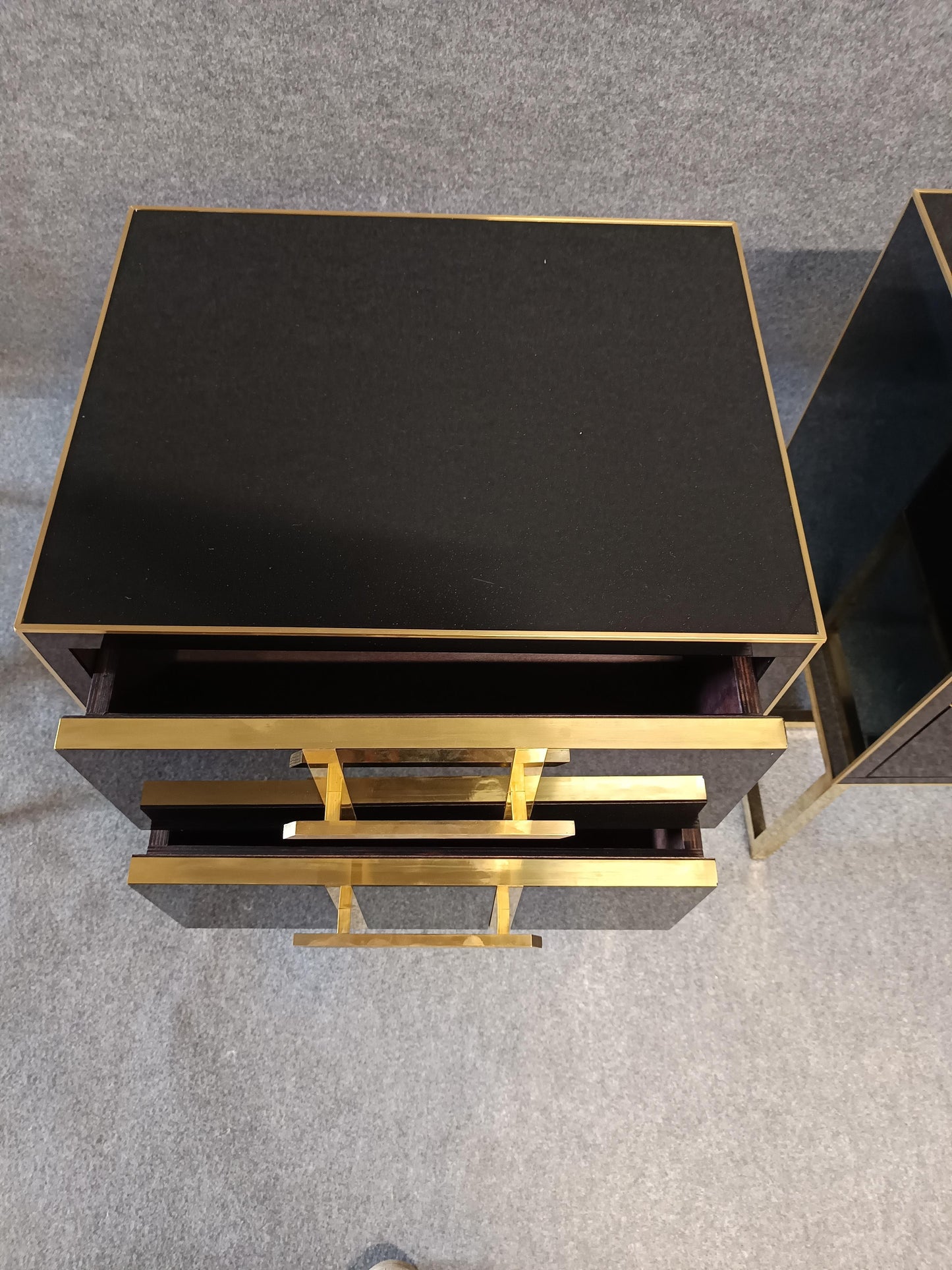 Black Glass Designer Side Tables – Set of 2 with Brass Details