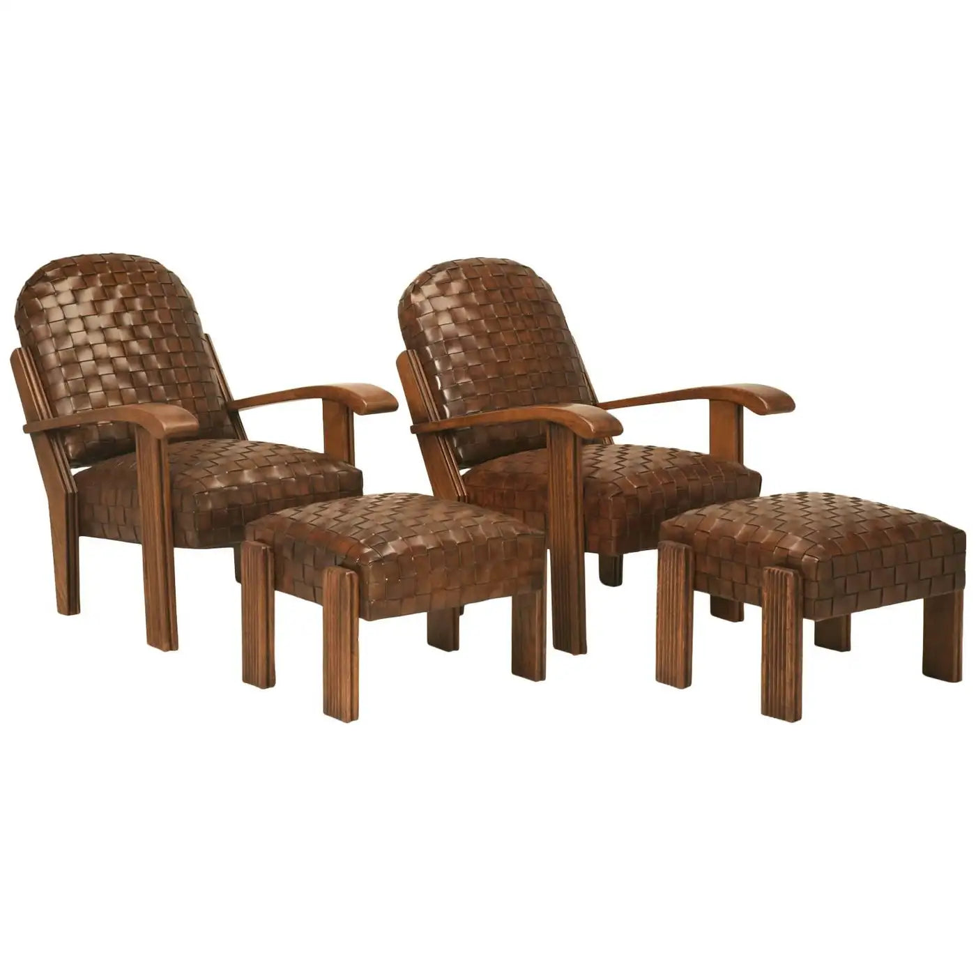 Two brown wicker chairs with matching ottomans on a white background