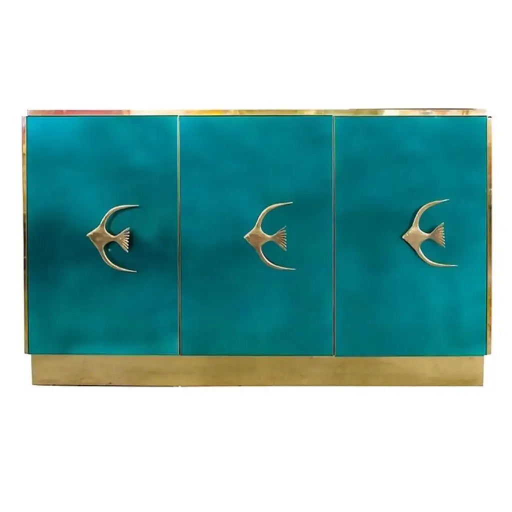 Bespoke Italian Art Deco Brass & Emerald Blue-Green Art Glass 9-Drawer Dresser Sideboard