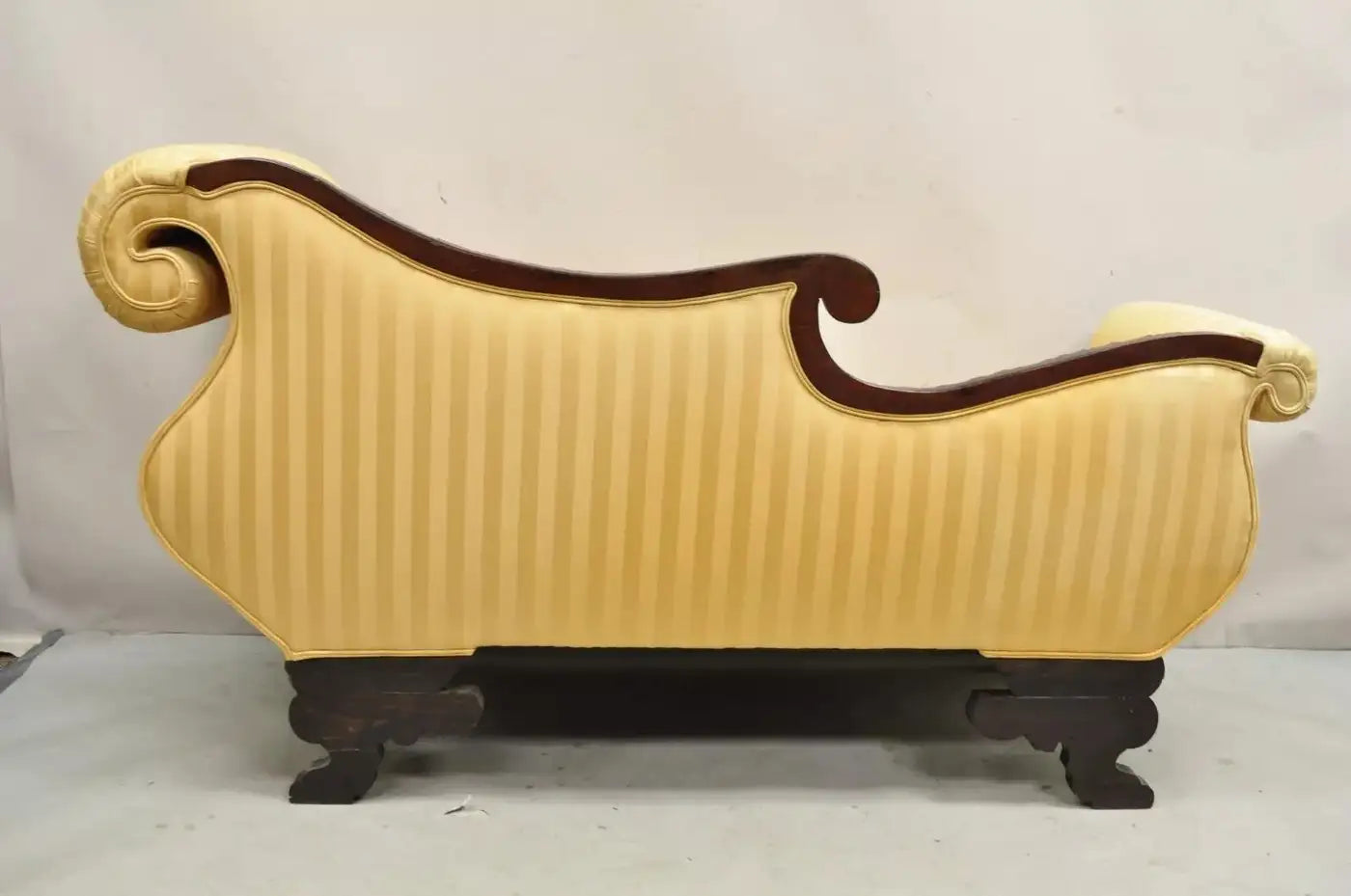 Antique American Empire Figural Carved Mahogany Recamier Gold Chaise Lounge Sofa