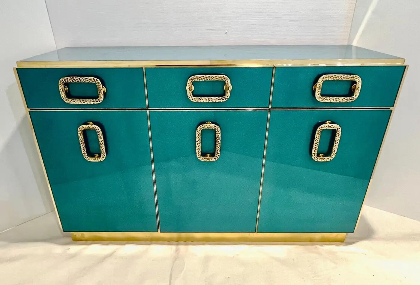 Bespoke Italian Metallic Emerald Blue Glass & Brass Dresser Sideboard
