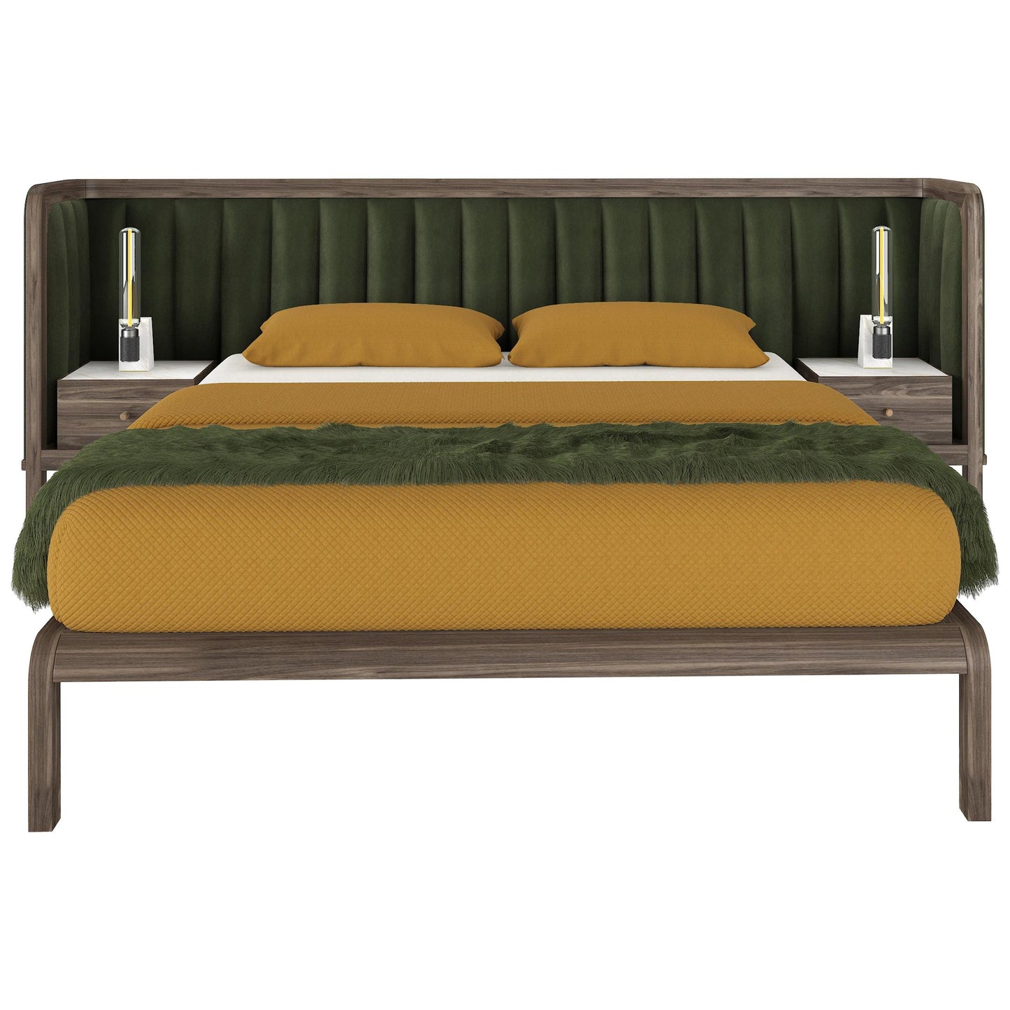 Cupid Bed in Black American Walnut & Velvet with Integrated Bedside Table