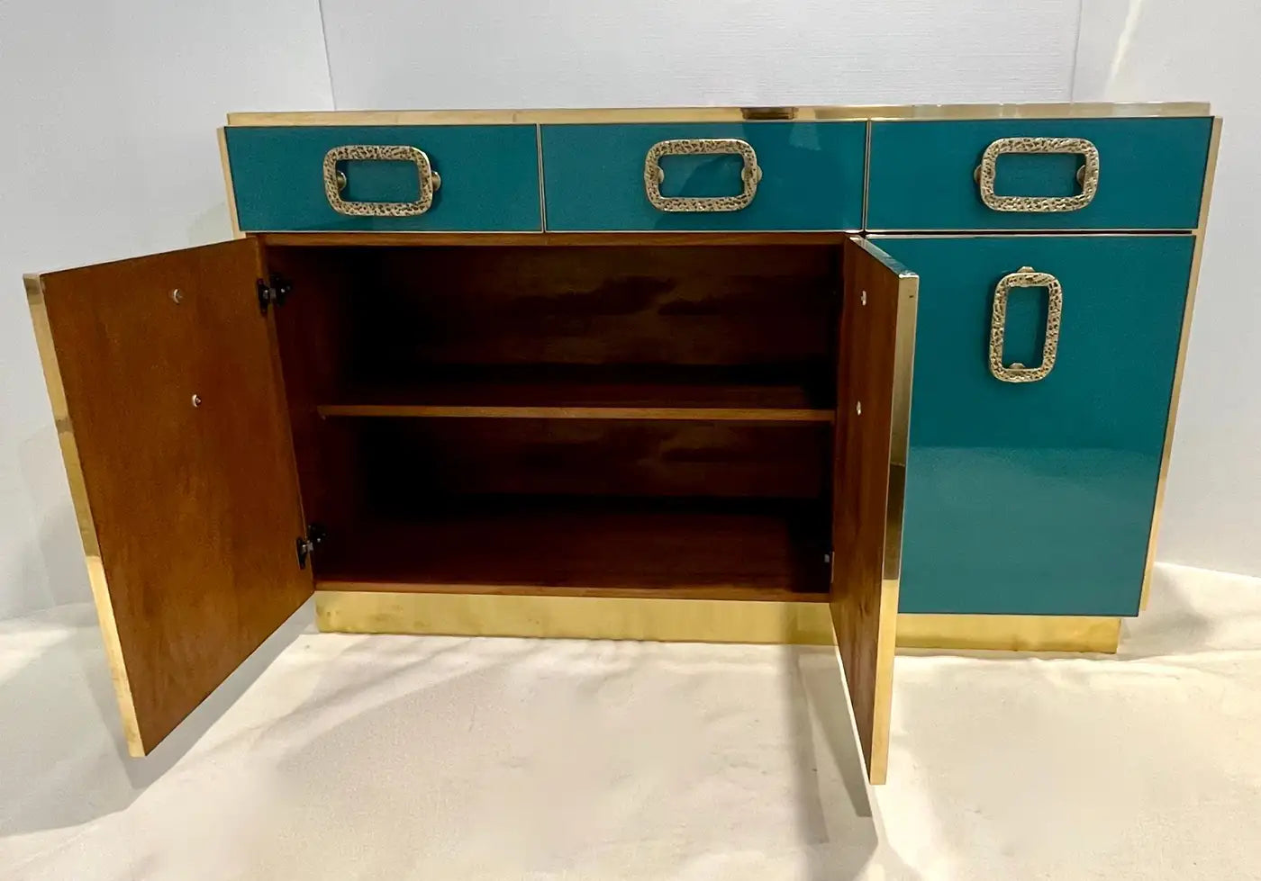 Bespoke Italian Metallic Emerald Blue Glass & Brass Dresser Sideboard