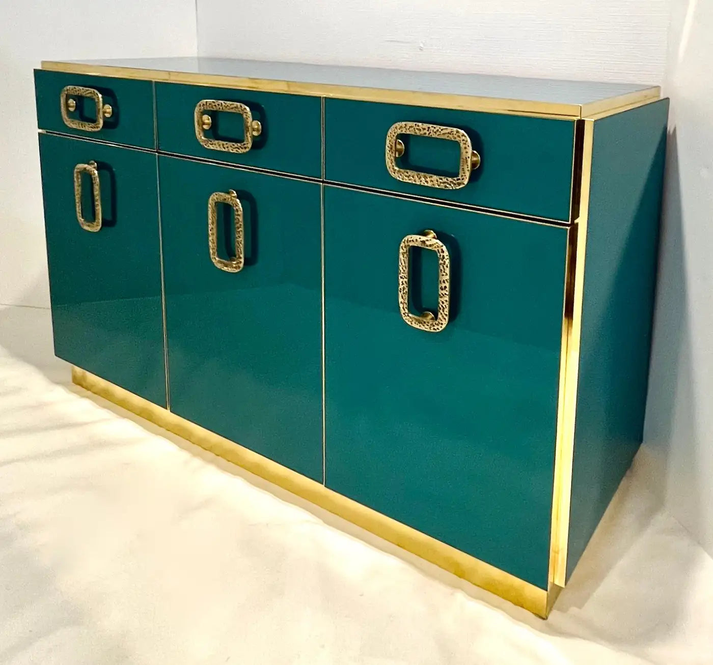 Bespoke Italian Metallic Emerald Blue Glass & Brass Dresser Sideboard
