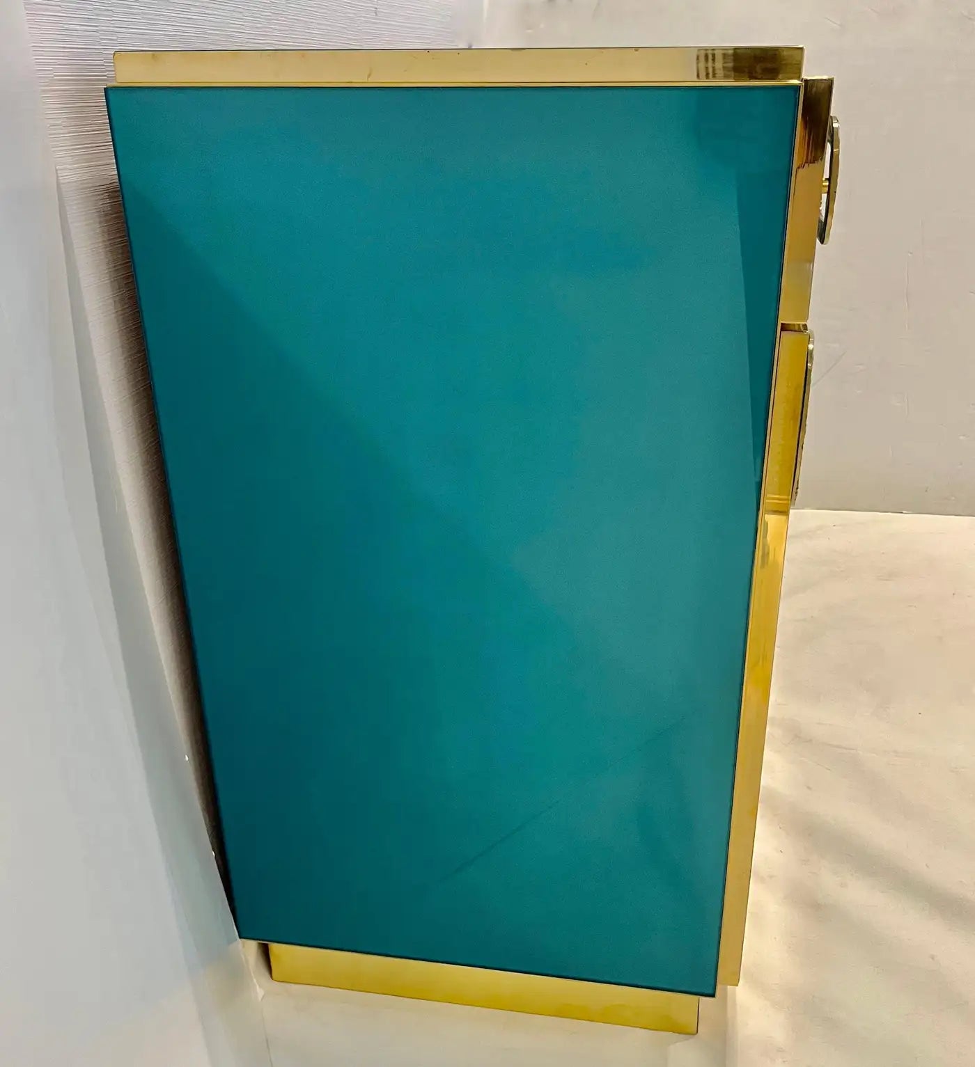 Bespoke Italian Metallic Emerald Blue Glass & Brass Dresser Sideboard
