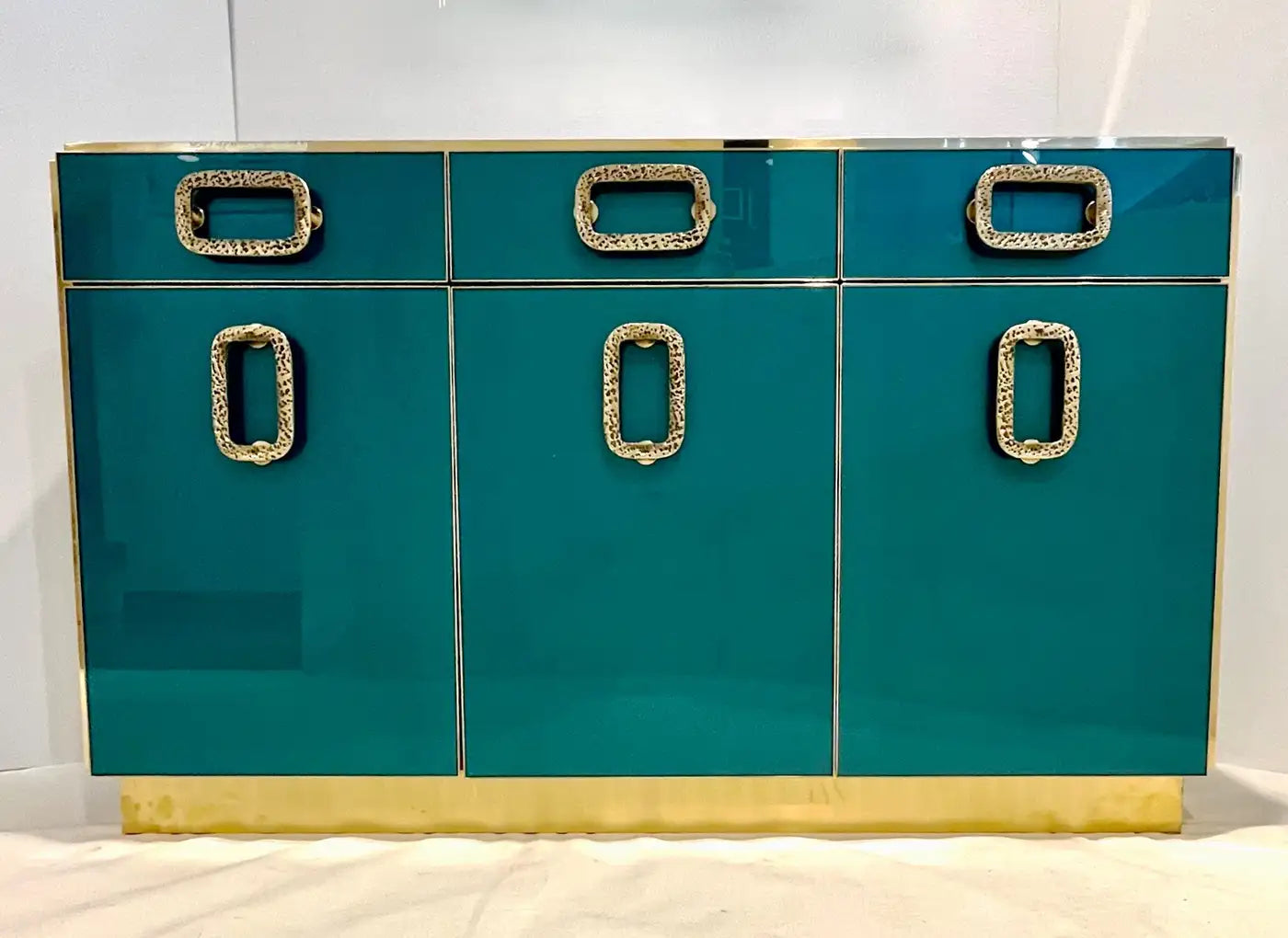 Bespoke Italian Metallic Emerald Blue Glass & Brass Dresser Sideboard