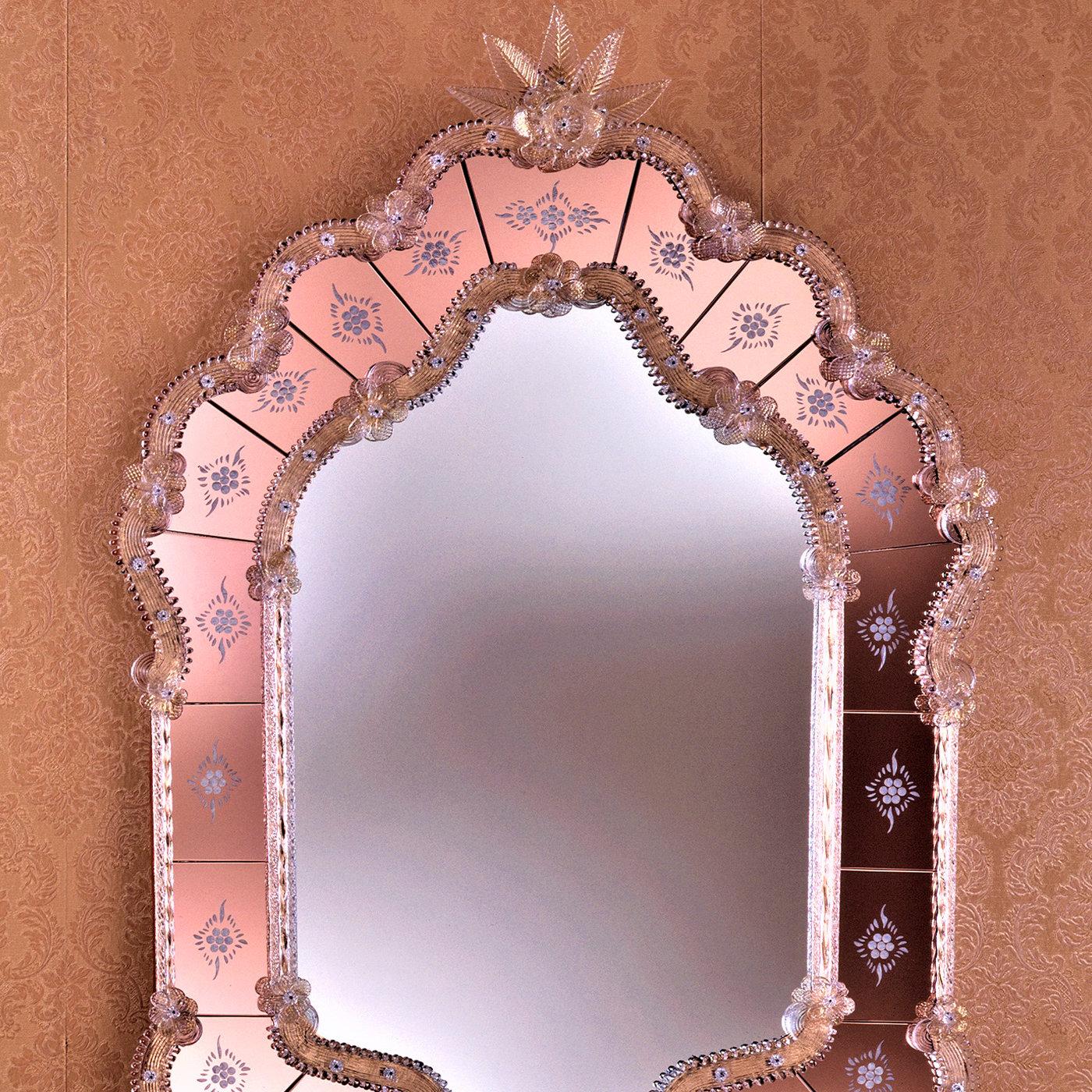 Navagero Murano Glass Wall Mirror – Golden Crystal & Pink-Toned Floral Etchings