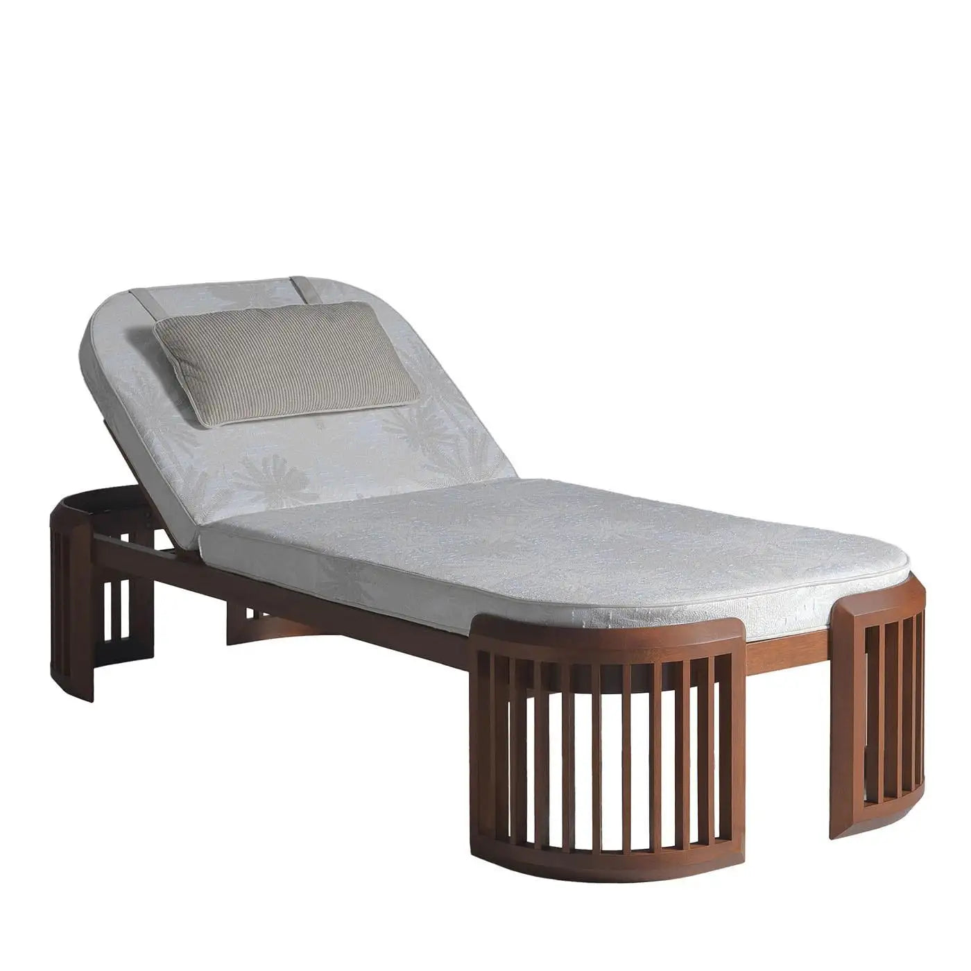 Chaise lounge with wooden frame and gray cushion on a white background