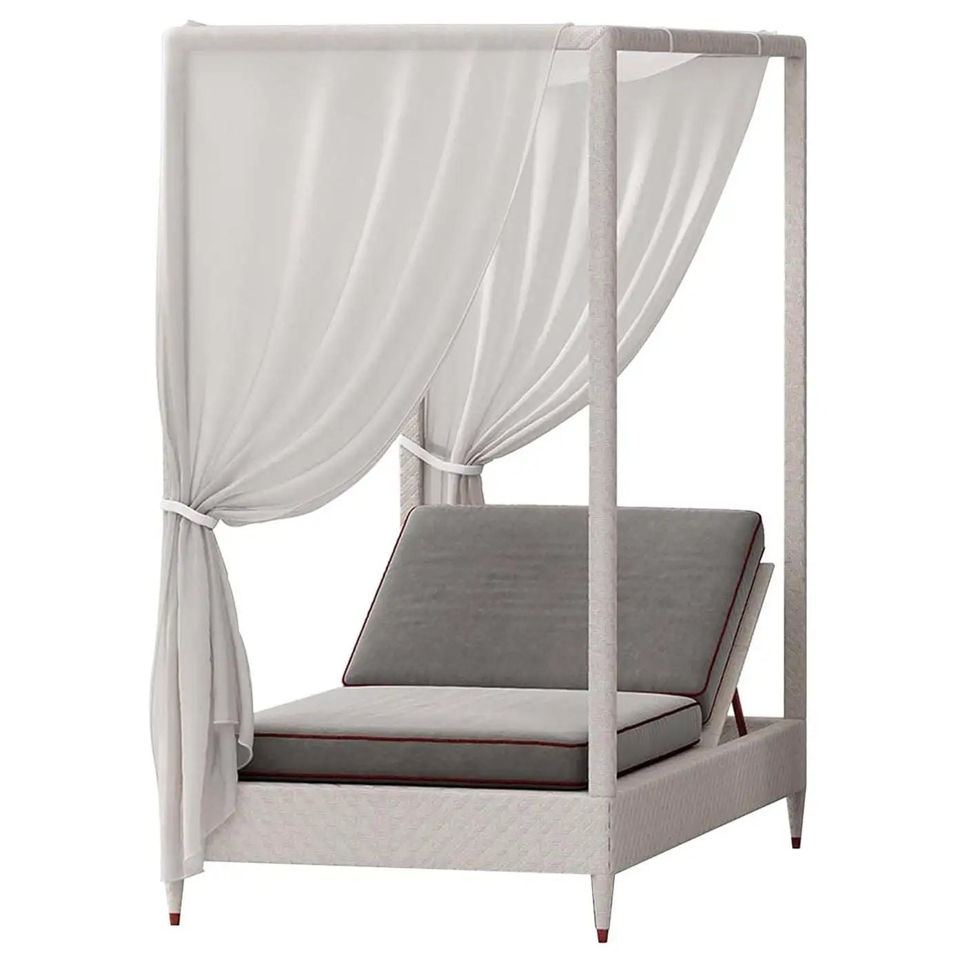 Canopy bed with white curtains and gray cushions on a white background