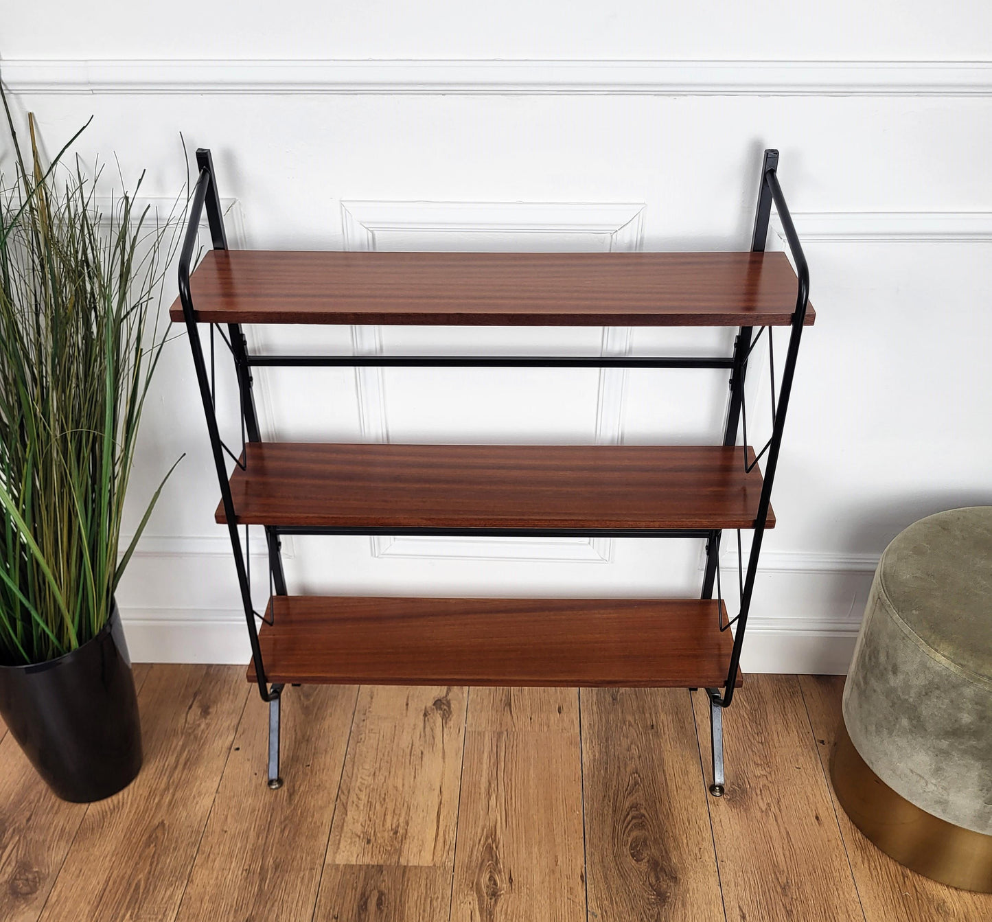 Mid-Century Italian Metal & Walnut Open Bookcase with Brass Details – 1950s