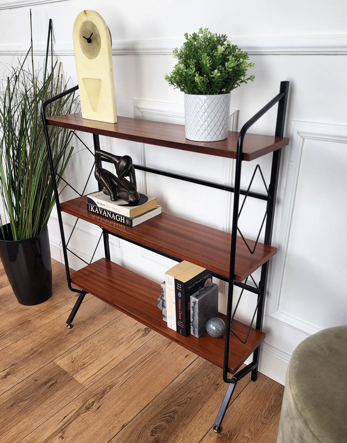 Mid-Century Italian Metal & Walnut Open Bookcase with Brass Details – 1950s