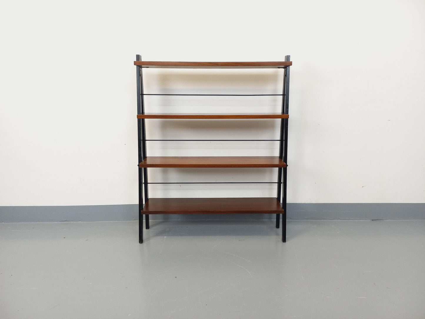 Vintage 1960s Teak & Black Metal Floor Shelf – Italian String Tomado Style