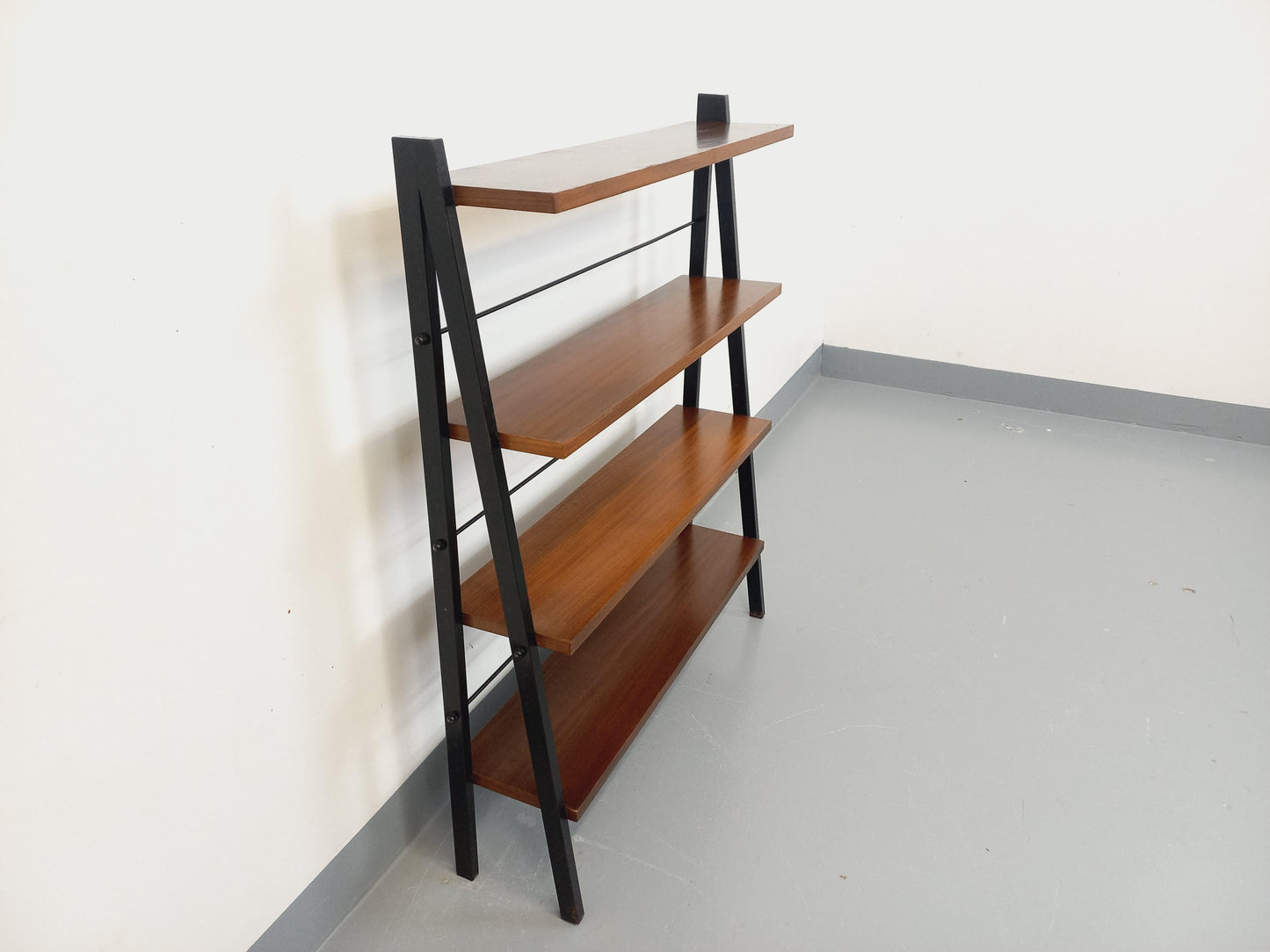 Vintage 1960s Teak & Black Metal Floor Shelf – Italian String Tomado Style