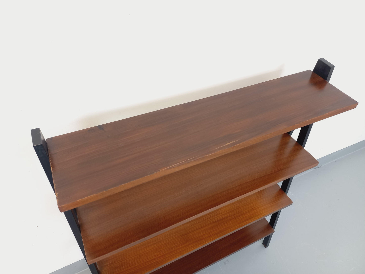 Vintage 1960s Teak & Black Metal Floor Shelf – Italian String Tomado Style