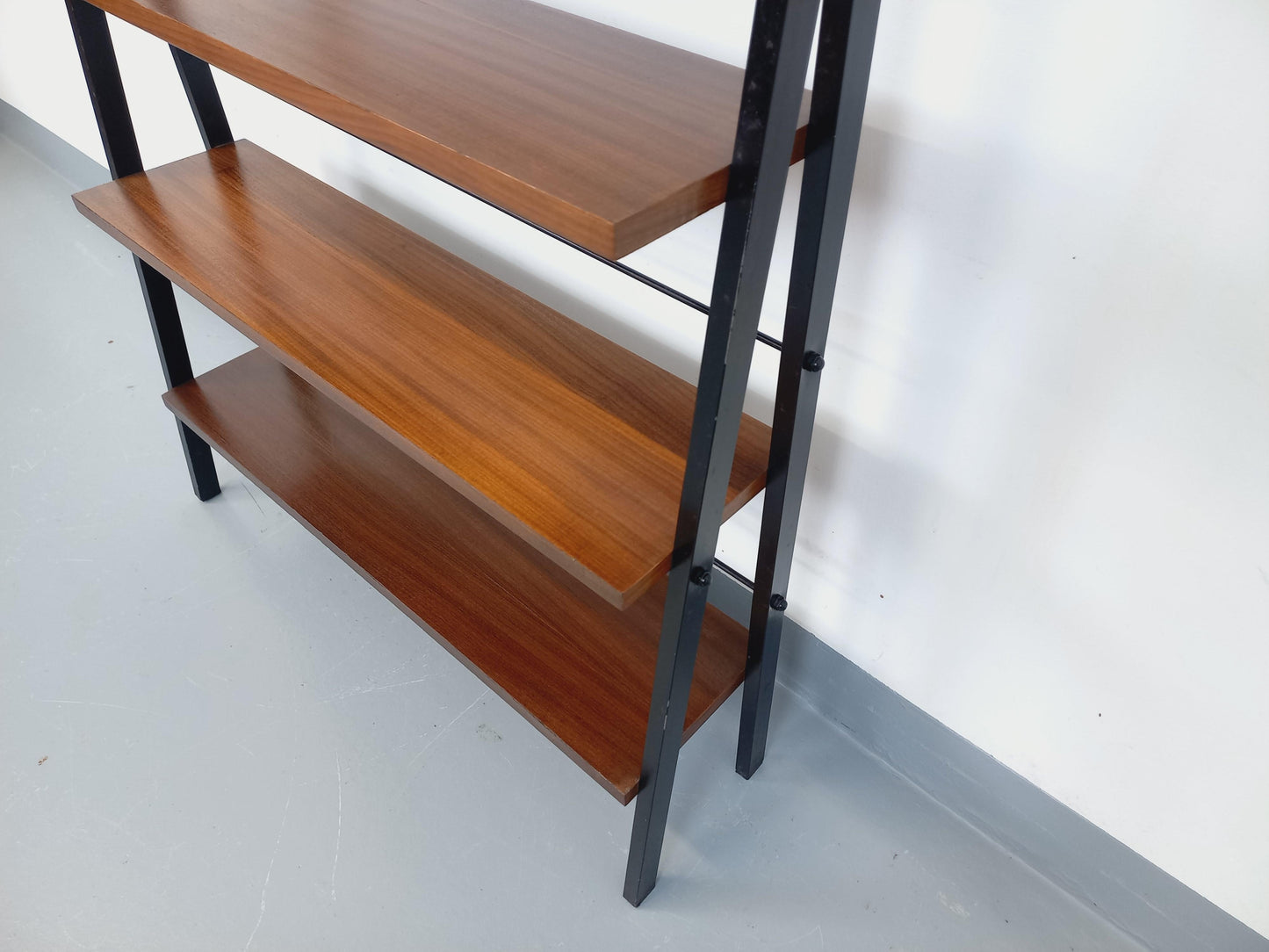 Vintage 1960s Teak & Black Metal Floor Shelf – Italian String Tomado Style