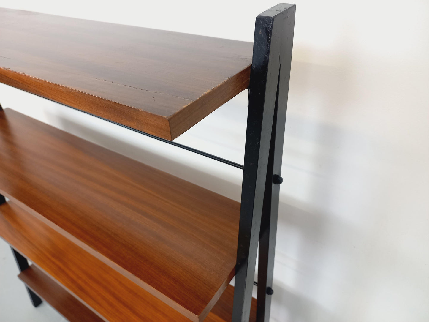 Vintage 1960s Teak & Black Metal Floor Shelf – Italian String Tomado Style