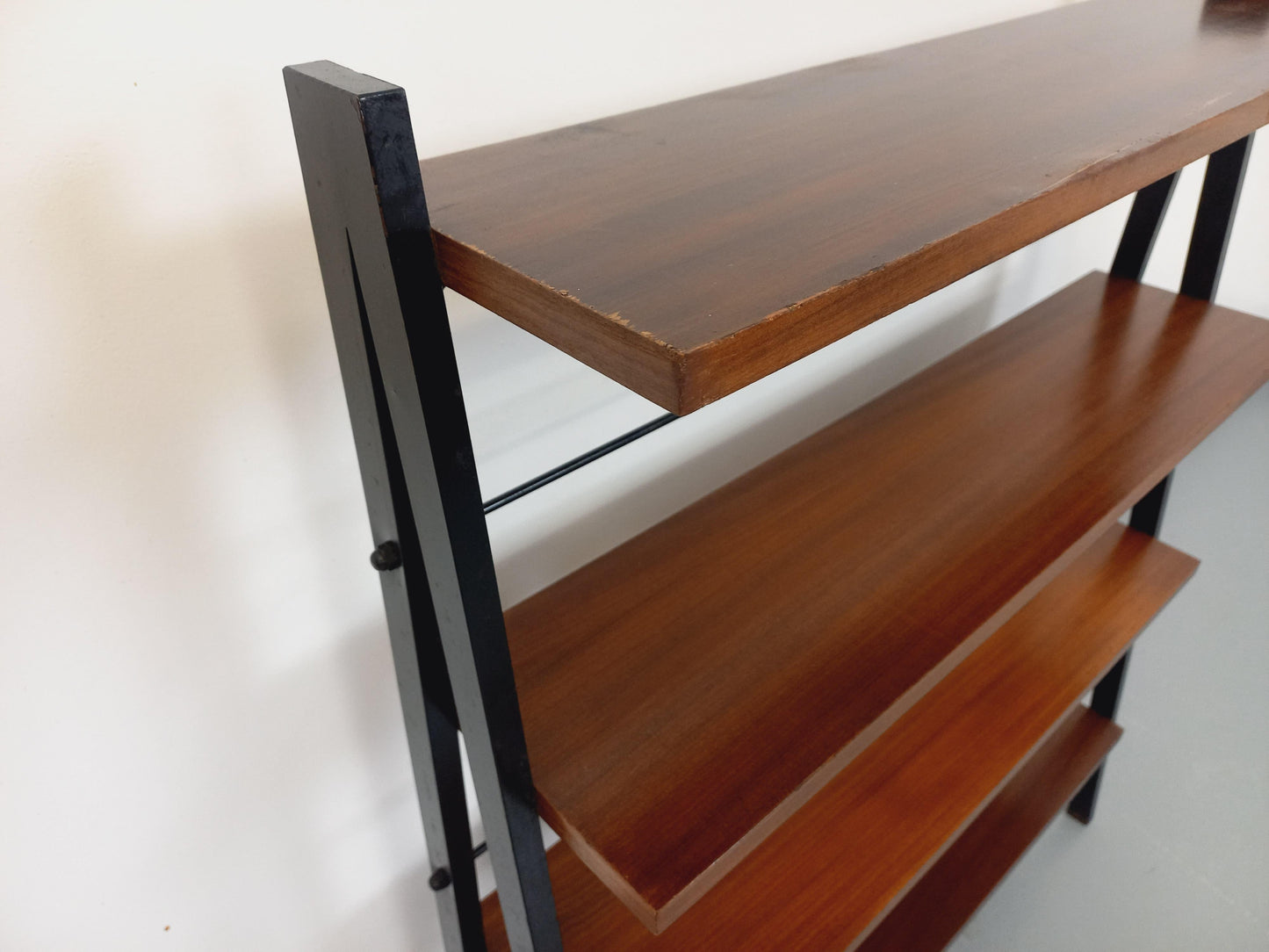 Vintage 1960s Teak & Black Metal Floor Shelf – Italian String Tomado Style