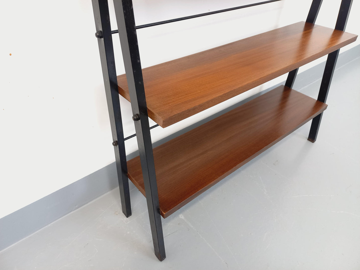 Vintage 1960s Teak & Black Metal Floor Shelf – Italian String Tomado Style