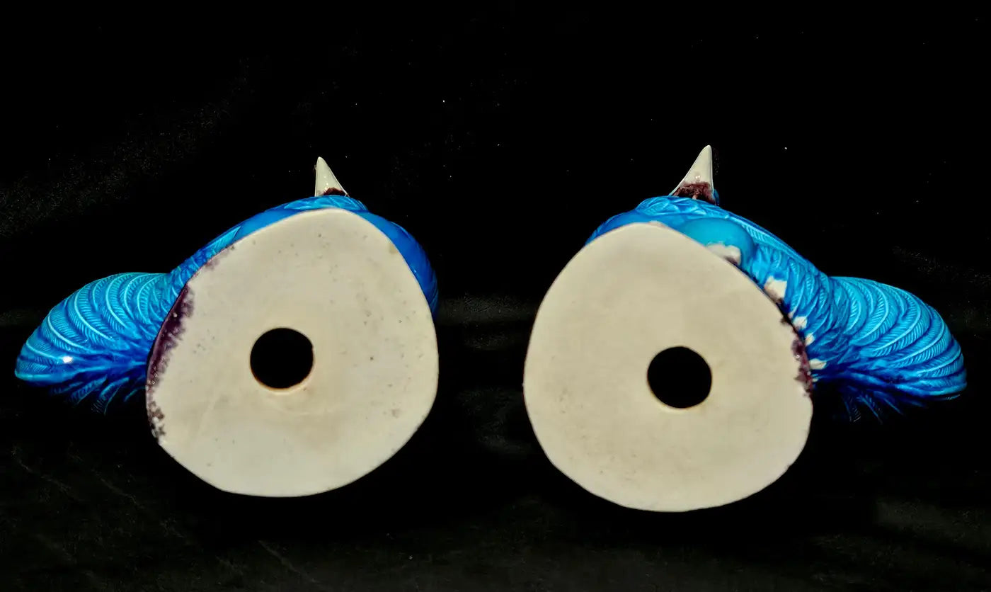 Pair of Old Blue Glazed Chinese Ceramic Rooster Figures