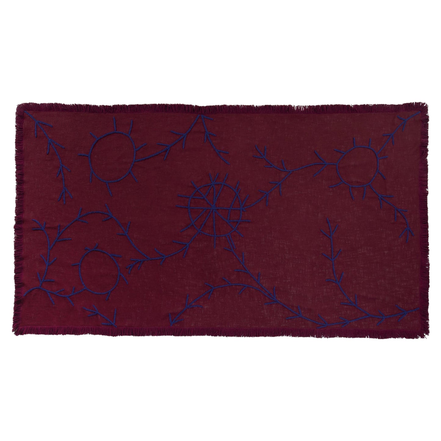 Hand-Embroidered Burgundy Cotton Throw Blanket with Trim