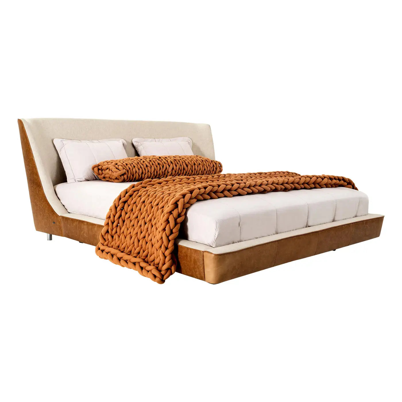 Brown Leather and Oatmeal Fabric Queen Bed, Shell Shaped Headboard - Musa Line