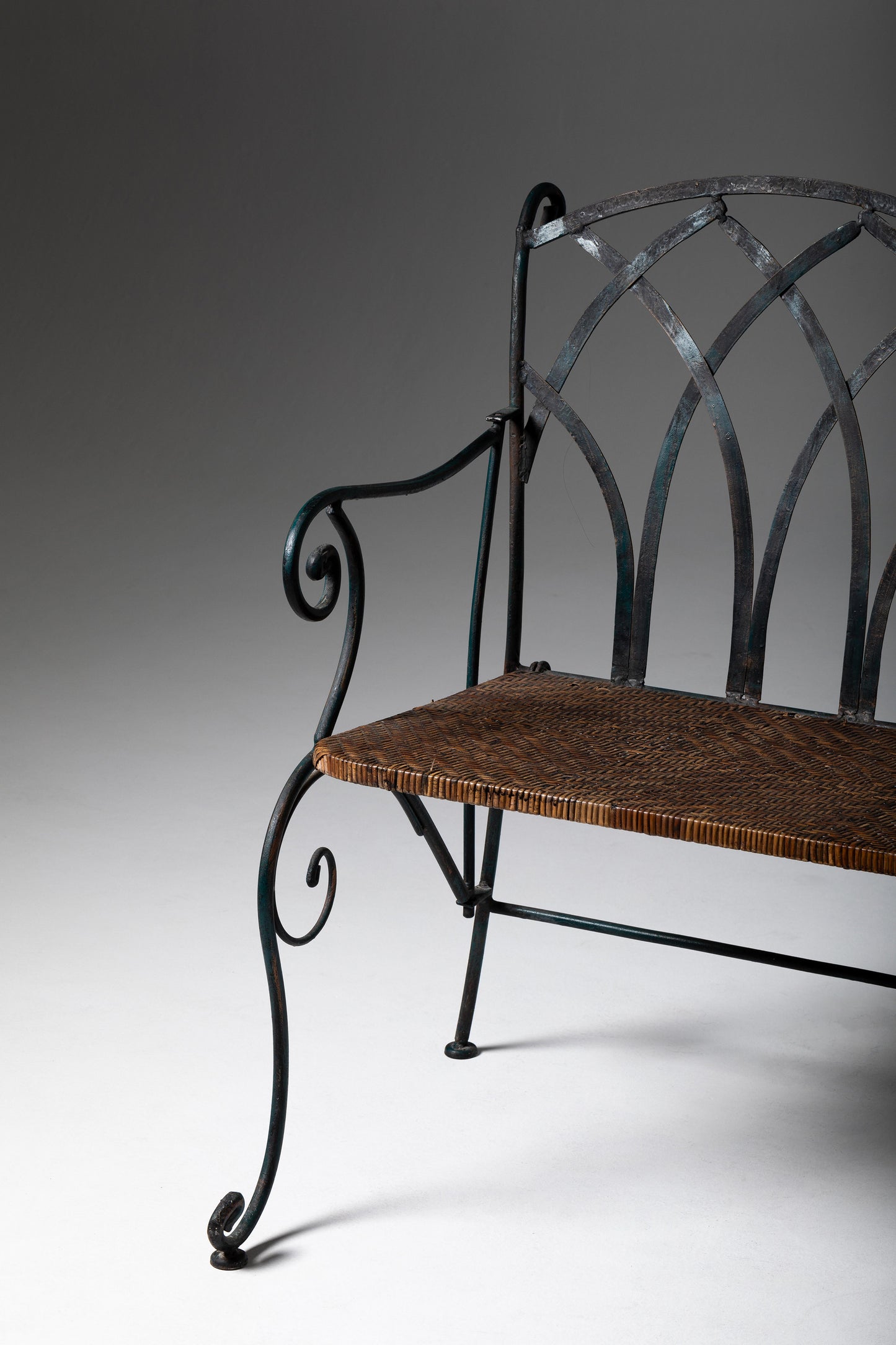 Vintage Mid-Century French Garden Iron Bench and Two Chairs – Rustic Straw Seating