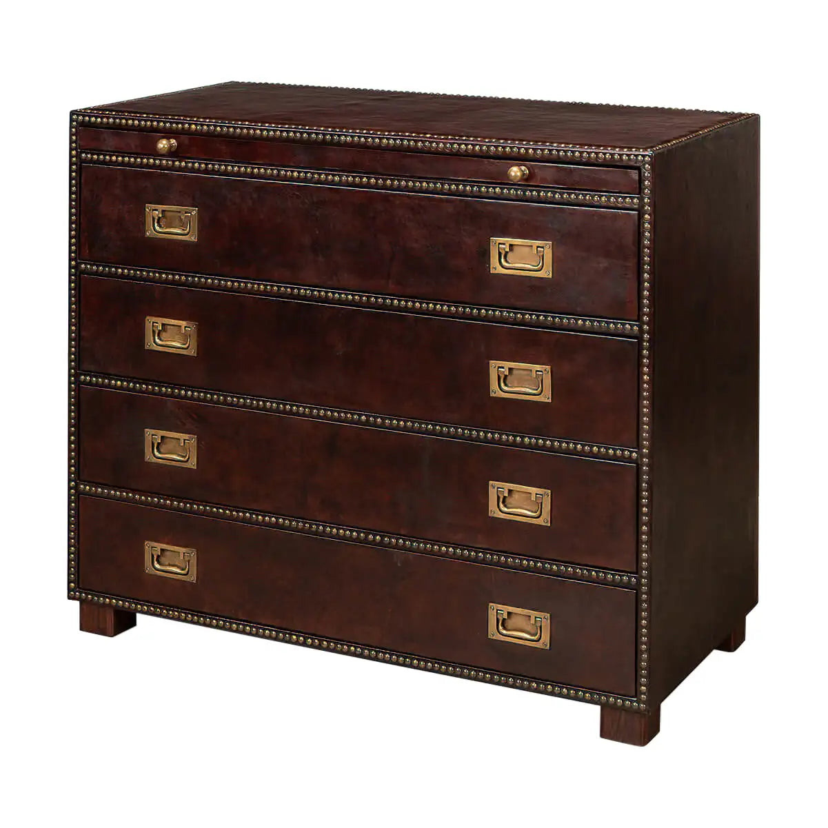 Brown dresser with gold accents on a white background