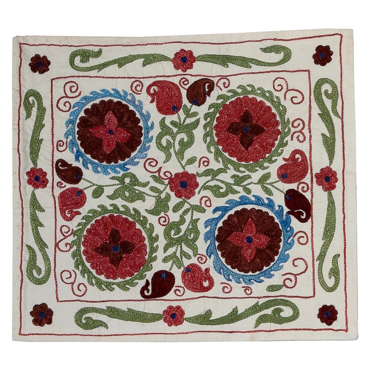 Uzbek Suzani Hand-Embroidered Silk Pillow Case 46 x 46 cm