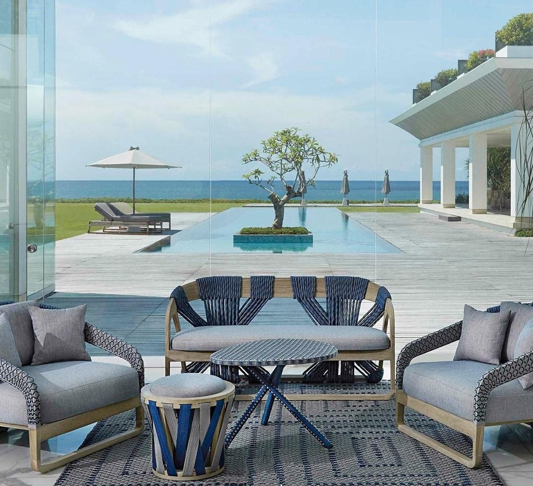 Outdoor Lounge Chairs – Set of 2 in Water-Based Teak with Hand-Woven Polyester Rope