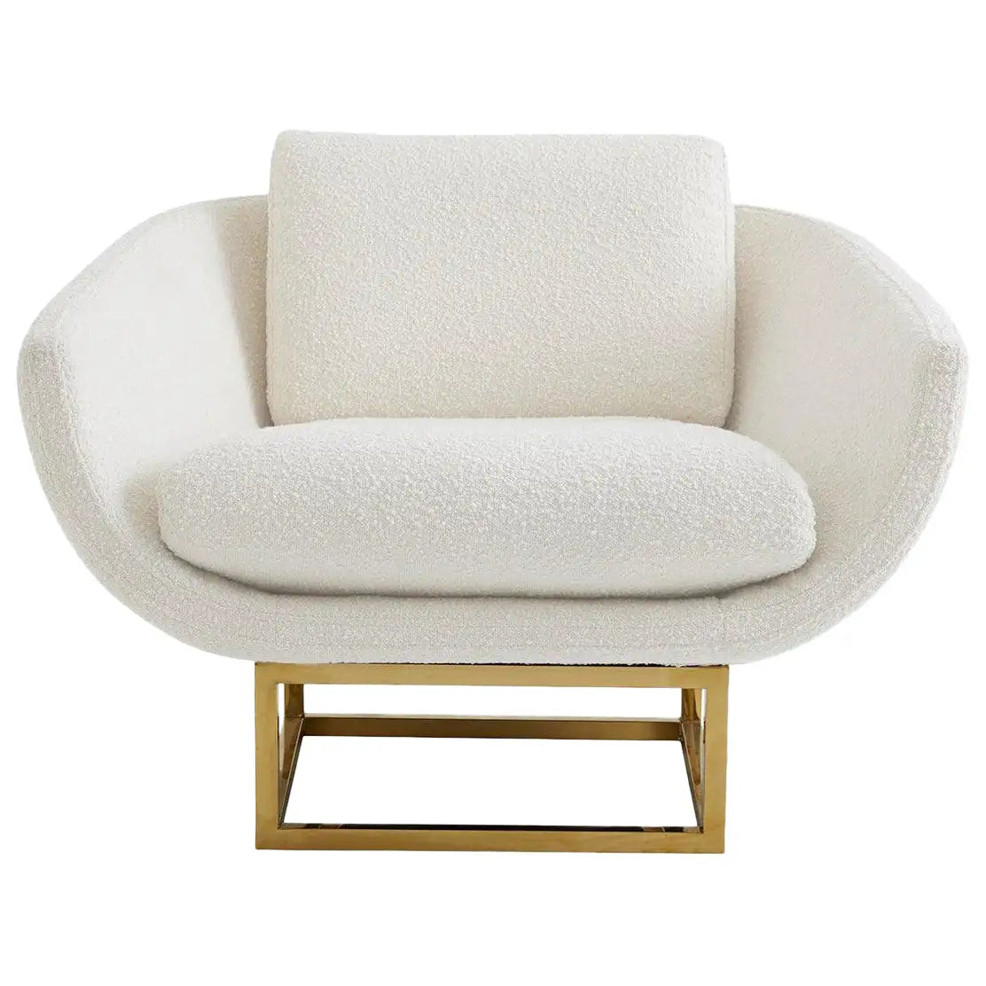 White upholstered chair with gold frame on a white background