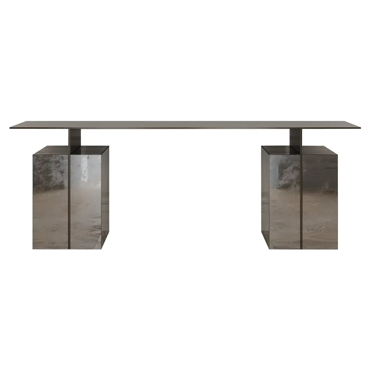 Modern console table with reflective base on a white background