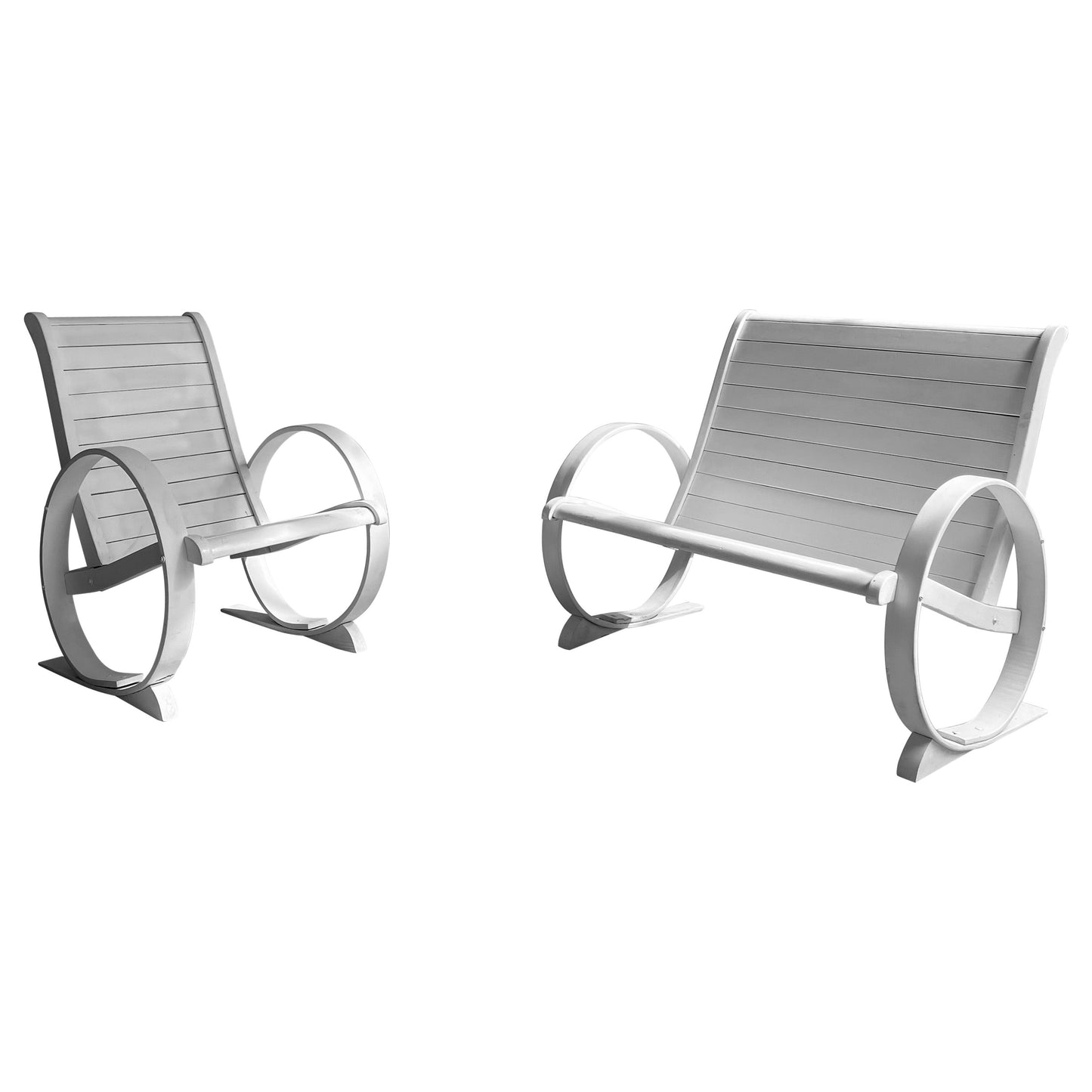 Mid-Century Painted Wood Outdoor Bench & Lounge Chair Set – Handmade