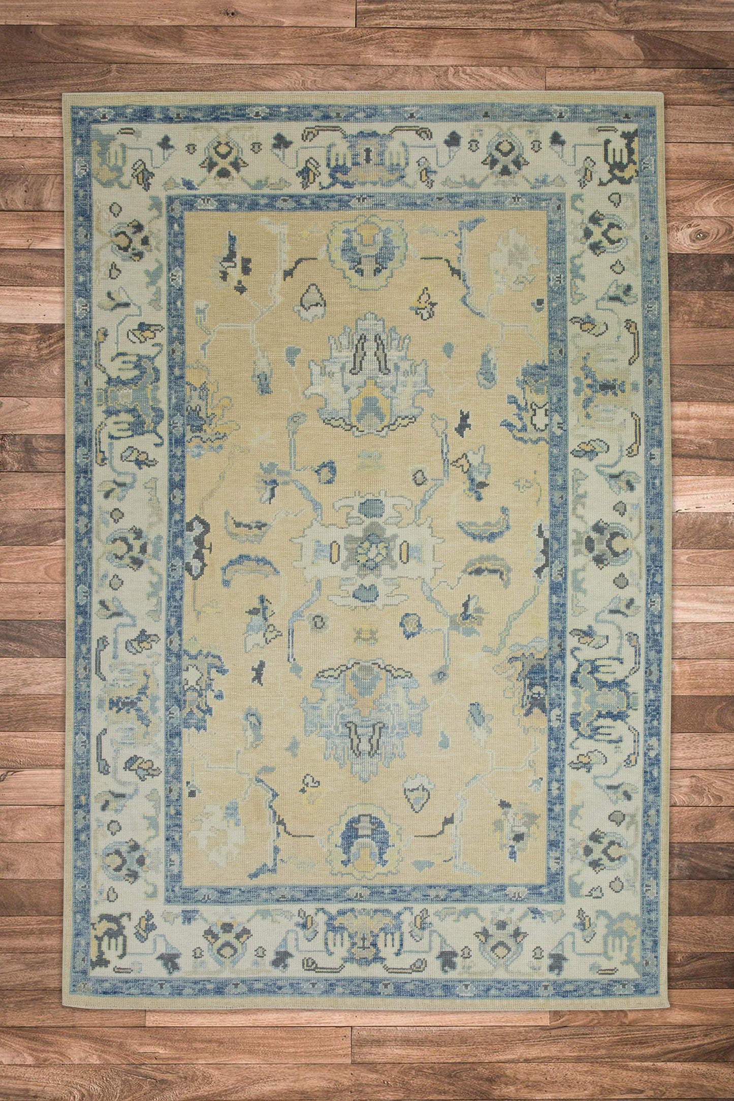 Turkish Oushak Wool Rug – Beige & Blue Handwoven 178 x 259 cm