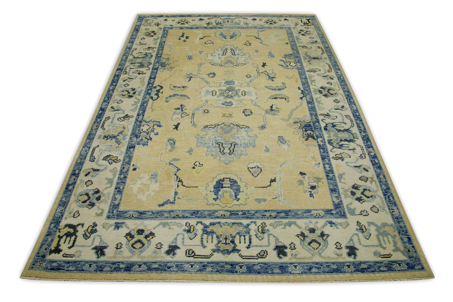 Turkish Oushak Wool Rug – Beige & Blue Handwoven 178 x 259 cm