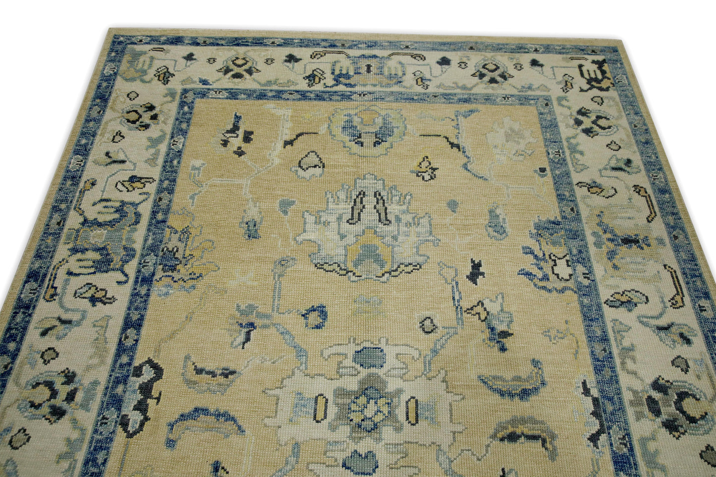 Turkish Oushak Wool Rug – Beige & Blue Handwoven 178 x 259 cm