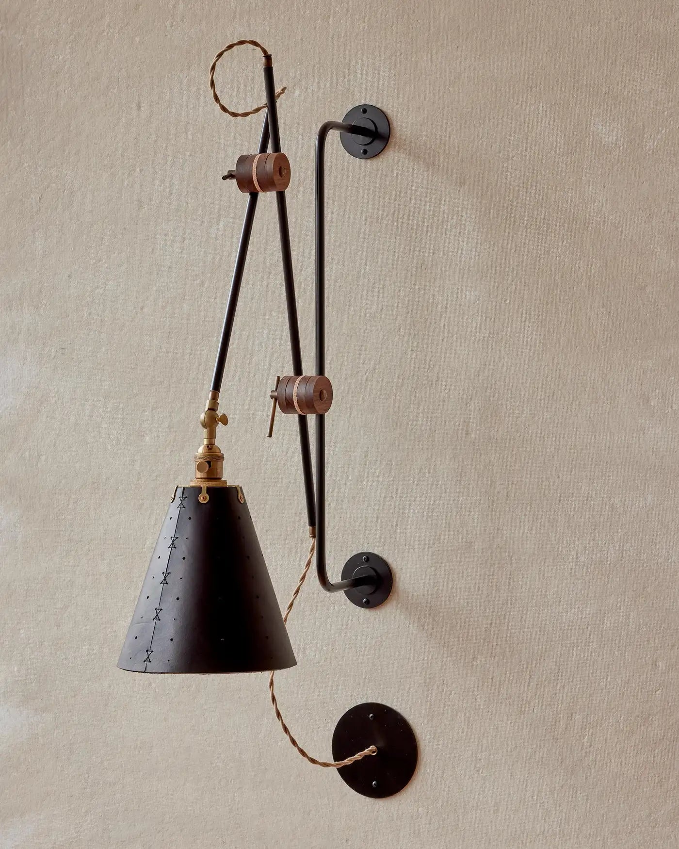 Modern Iron and Black Leather Grace Articulating Wall Sconce, Hardwired