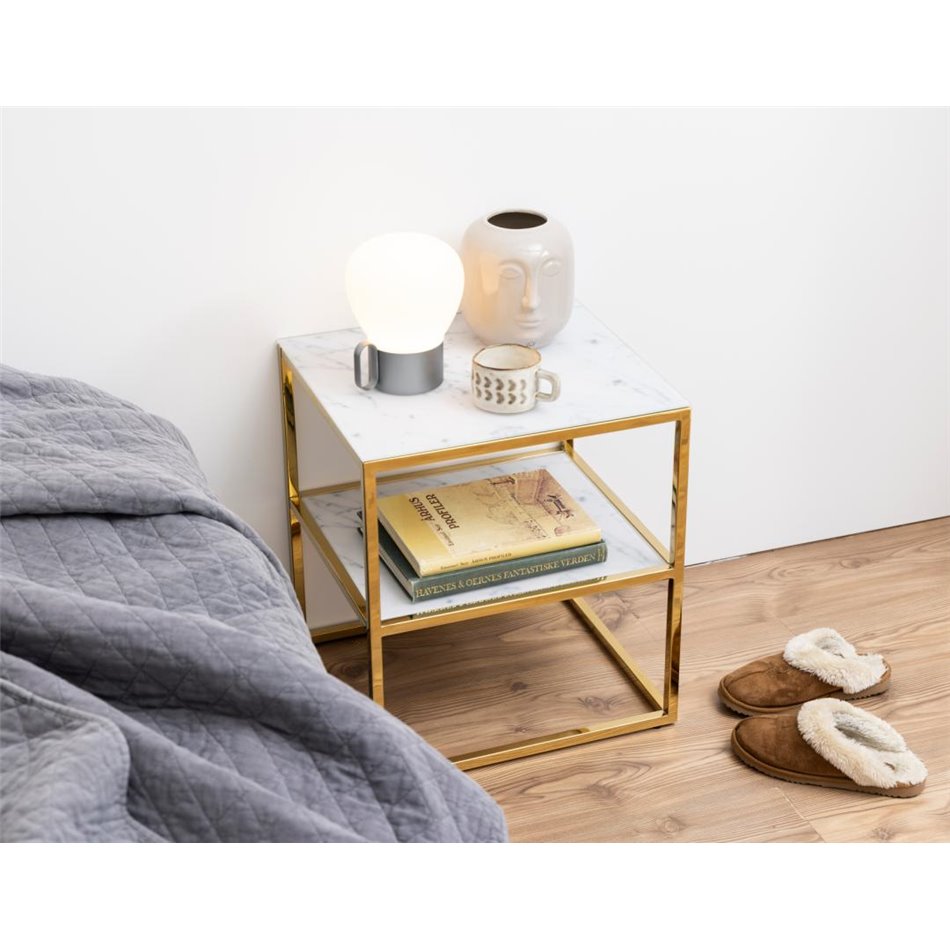 Bedside table Alis, top glass, white marble look/gold legs, H50.5x45x40cm