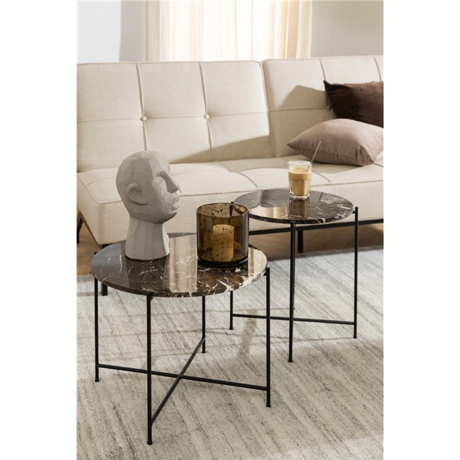 Avila Side Table – Brown Artificial Marble Tops with Black Metal Legs