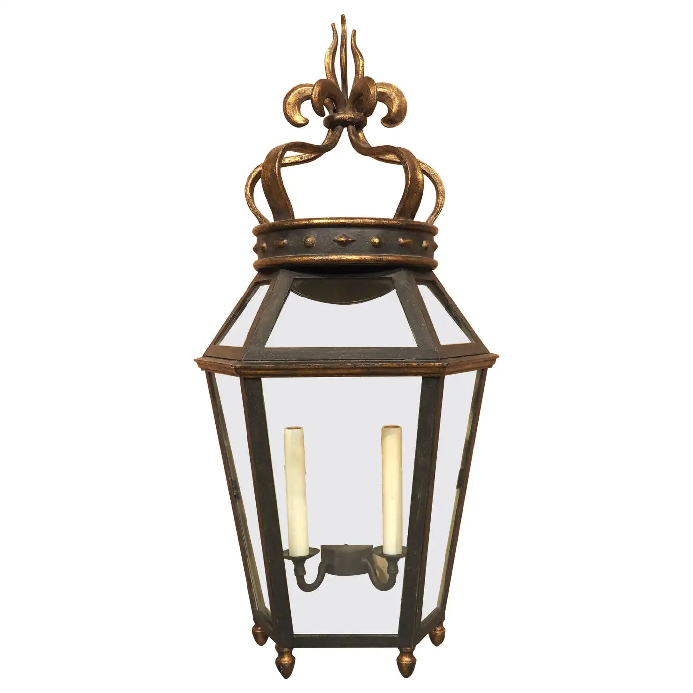 Wrought Iron and Glass Wall Lantern with Crown Finial