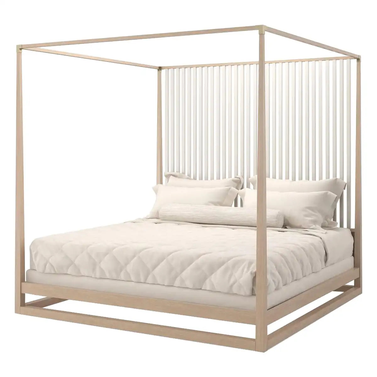 Beige canopy bed with white bedding on a white background