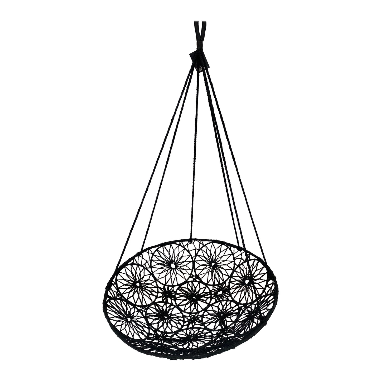 Black woven hanging chair on a white background